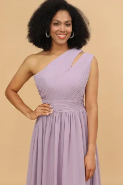 Vestido de dama de honra lilás chiffon um ombro só com babados