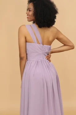 Vestido de dama de honra lilás chiffon um ombro só com babados