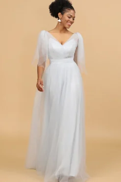 Vestido de dama de honra de tule v-pescoço cinzento