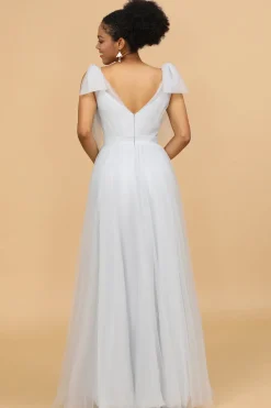 Vestido de dama de honra de tule v-pescoço cinzento
