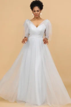 Vestido de dama de honra de tule v-pescoço cinzento