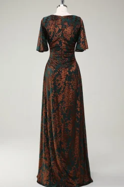Vestido de dama de honra longo de pescoço quadrado verde escuro com mangas curtas