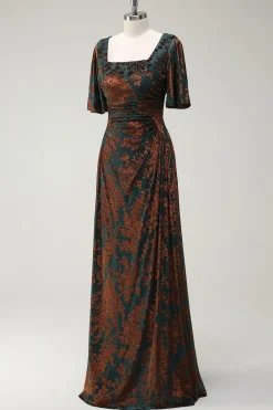 Vestido de dama de honra longo de pescoço quadrado verde escuro com mangas curtas