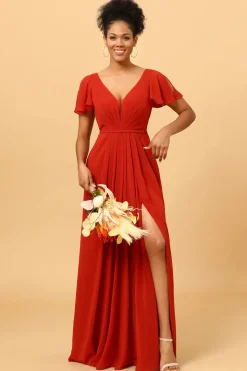 Vestido de Dama de Honra Pescoço V Mangas Curtas