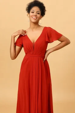 Vestido de Dama de Honra Pescoço V Mangas Curtas