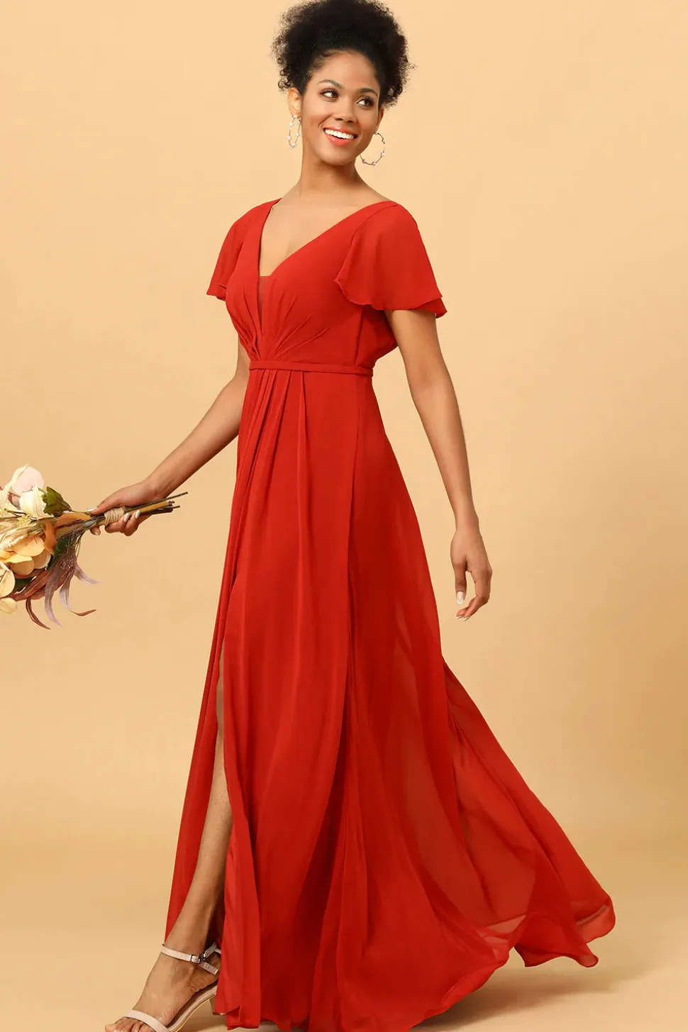 Vestido de Dama de Honra Pescoço V Mangas Curtas