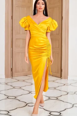 Vestido de festa amarelo de pescoço de sheath v com shirring