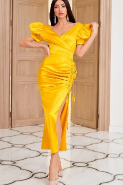 Vestido de festa amarelo de pescoço de sheath v com shirring