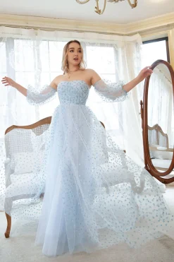 Vestido de Festa Azul Sem Alças Meias Mangas