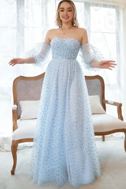 Vestido de Festa Azul Sem Alças Meias Mangas