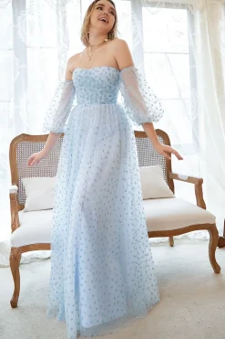 Vestido de Festa Azul Sem Alças Meias Mangas