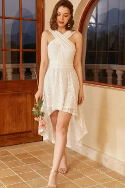 Vestido de festa branco alto baixo com renda sem mangas