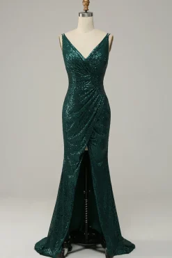 Vestido de Festa Cintas de Espaguete Verde Escuro