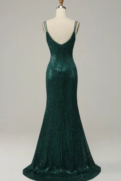 Vestido de Festa Cintas de Espaguete Verde Escuro