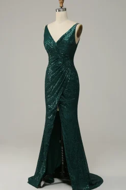 Vestido de Festa Cintas de Espaguete Verde Escuro