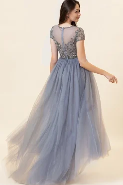 Vestido de Festa Cinza A Line Tule