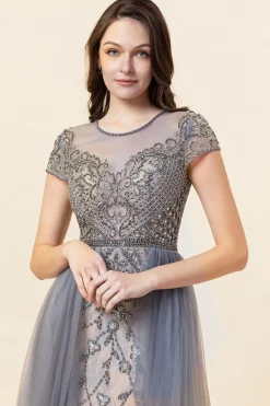 Vestido de Festa Cinza A Line Tule