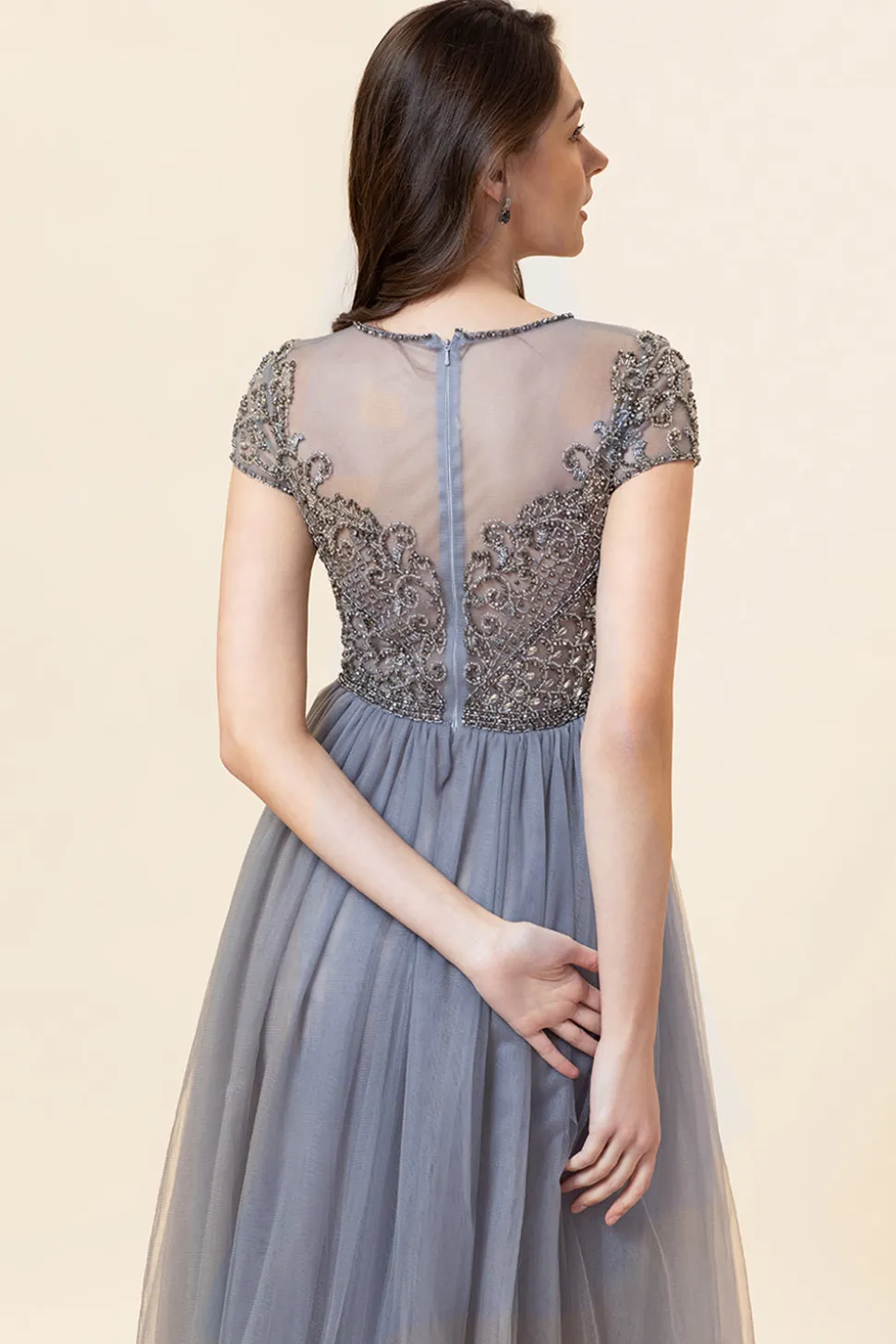 Vestido de Festa Cinza A Line Tule