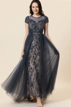 Vestido de Festa Cinza Escura Mangas Curtas
