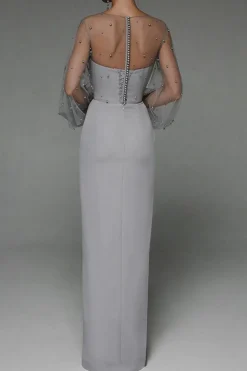Vestido de Festa Cinza Mangas Compridas