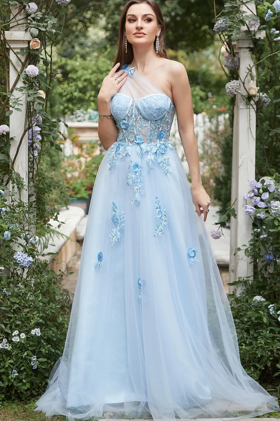 Vestido de Festa com Apliques Um Ombro Azul Céu