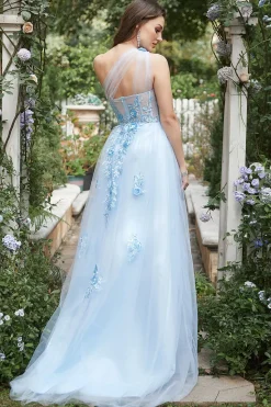 Vestido de Festa com Apliques Um Ombro Azul Céu