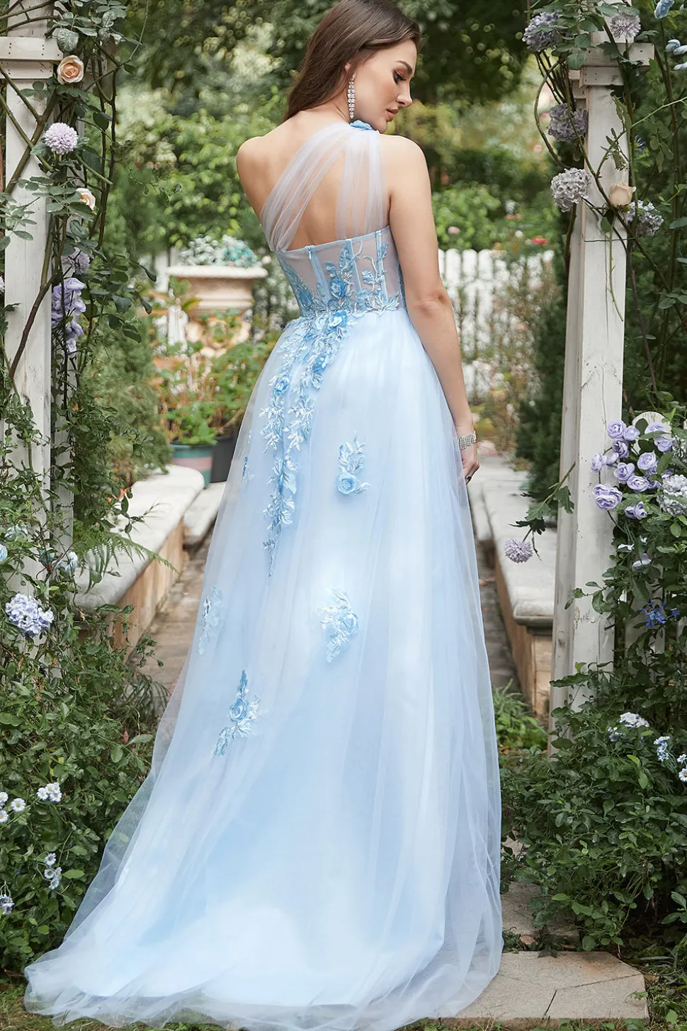 Vestido de Festa com Apliques Um Ombro Azul Céu