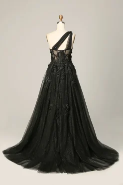 Vestido de Festa com Apliques Um Ombro Azul Céu