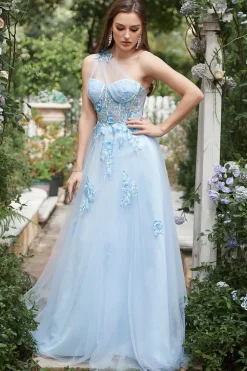 Vestido de Festa com Apliques Um Ombro Azul Céu