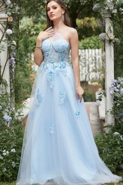 Vestido de Festa com Apliques Um Ombro Azul Céu