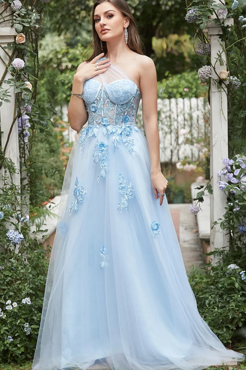 Vestido de Festa com Apliques Um Ombro Azul Céu