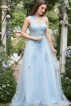Vestido de Festa com Apliques Um Ombro Azul Céu