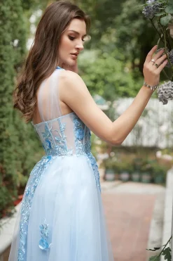 Vestido de Festa com Apliques Um Ombro Azul Céu