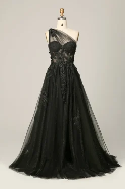 Vestido de Festa com Apliques Um Ombro Azul Céu