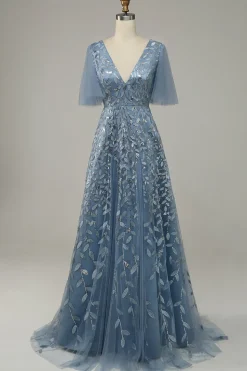 Vestido de Festa Com Bordado Azul