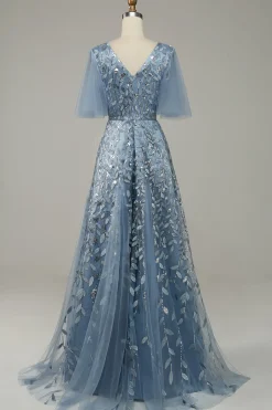 Vestido de Festa Com Bordado Azul