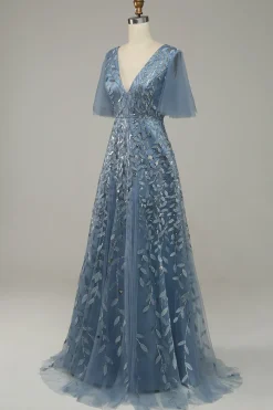 Vestido de Festa Com Bordado Azul