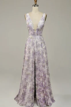 Vestido de Festa Com Fenda Gola em V Roxo