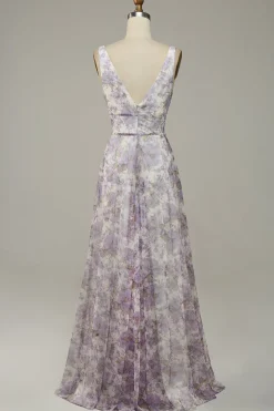 Vestido de Festa Com Fenda Gola em V Roxo
