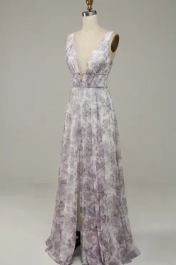 Vestido de Festa Com Fenda Gola em V Roxo