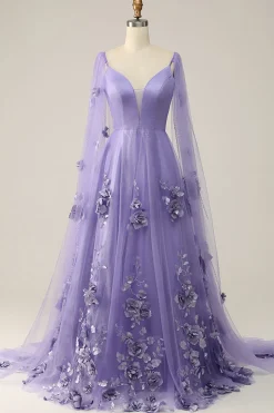 Vestido de Festa Com Flores 3D Roxo