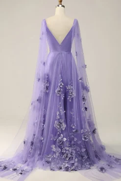 Vestido de Festa Com Flores 3D Roxo