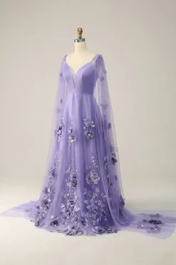 Vestido de Festa Com Flores 3D Roxo