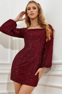 Vestido de Festa curto de lantejoulas verdes com mangas compridas