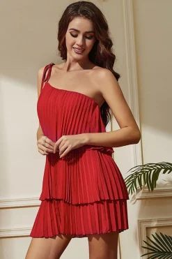 Vestido de festa curto vermelho de um ombro plissado bainha em camadas