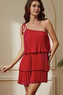 Vestido de festa curto vermelho de um ombro plissado bainha em camadas