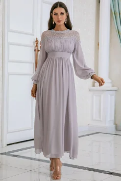 Vestido de festa de casamento de manga comprida cinzenta Chiffon