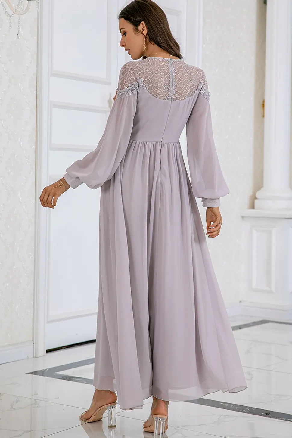 Vestido de festa de casamento de manga comprida cinzenta Chiffon