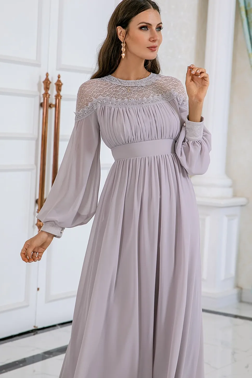 Vestido de festa de casamento de manga comprida cinzenta Chiffon