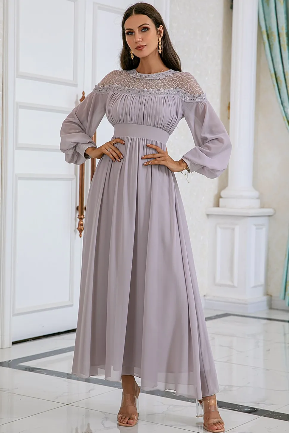 Vestido de festa de casamento de manga comprida cinzenta Chiffon